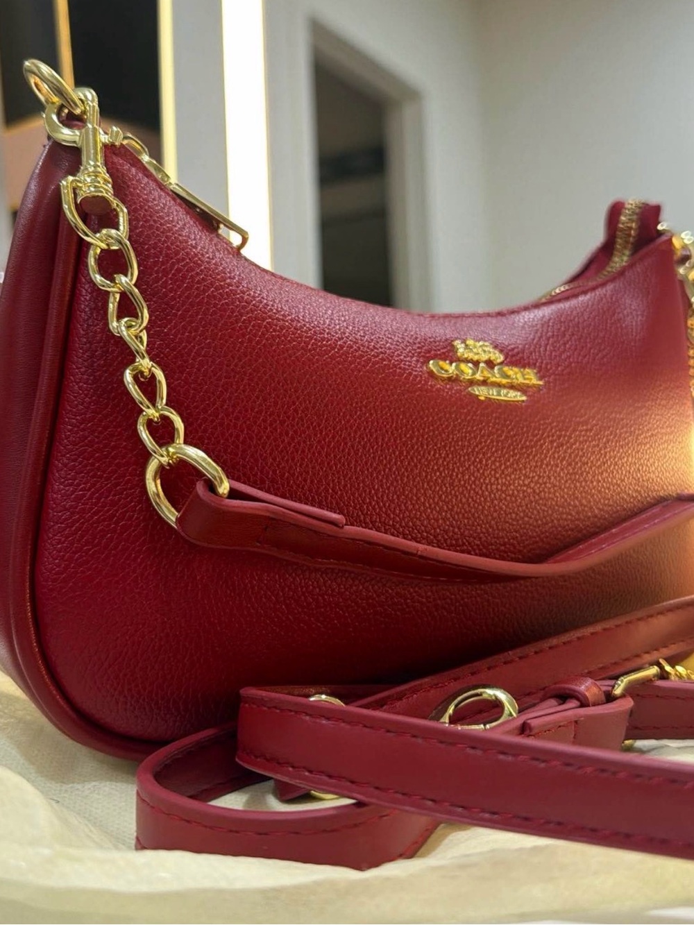 Coach Cherry Red Pebbled Leather Shoulder Bag with Gold Hardware